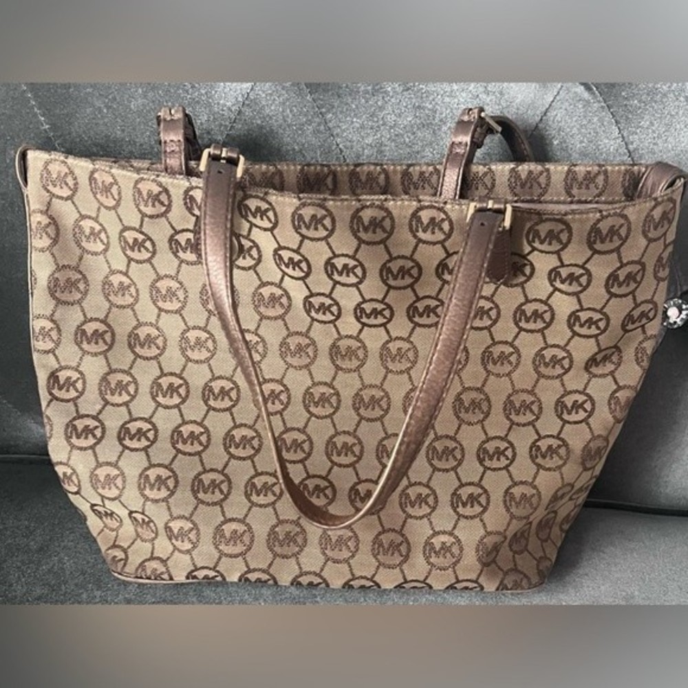 Michael Kors Tote Jet Set Logo Signature Monogram l Bag Brown Gold Leather strap